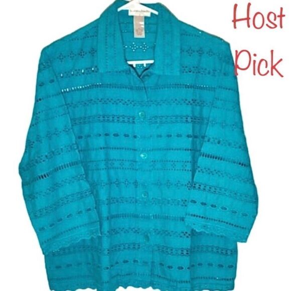 Draper’s and Damon’s Eyelet Blouse/Jacket in Teal Green Women’s Petite Large - Picture 1 of 7